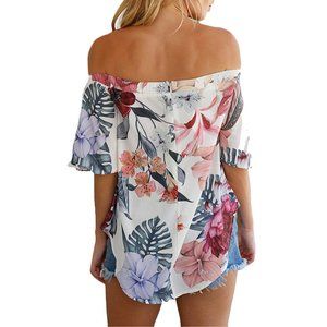 Twill Trade Tops - Floral Print Half Sleeve Off Shoulder Blouse Twill Trade Tops - Floral Print Half Sleeve Off Shoulder Blouse